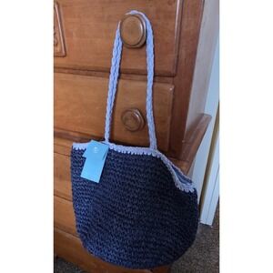 Kiss Sea Large Women's Woven Straw Summer Beach Tote DarkBlue/Lt. Blue  ~NWT~